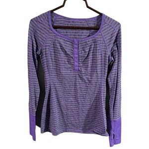 NWOT Lululemon Run Sport Henley Top Purple Grey Striped Long Sleeve Snap Buttons